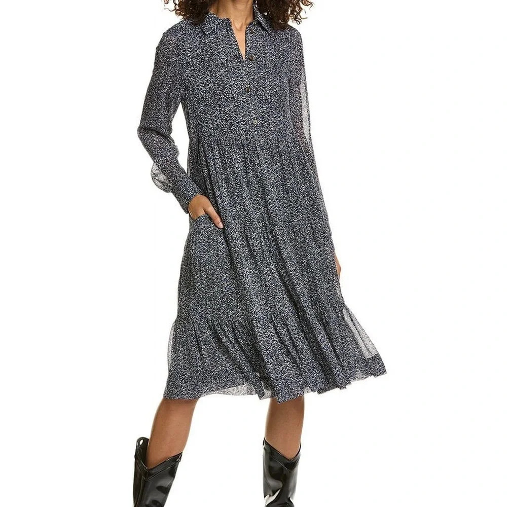 GANNI Georgette Floral Tiered Midi Dress Blue Long Sleeve Size 0